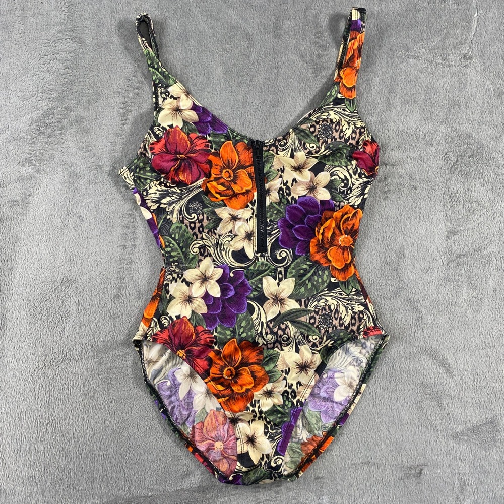 Vintage‎ Azul Swimsuit One Piece Womens 12 Multicolor Floral Leopard Zip Front